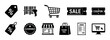 © Khmel - Collection of black shopping and retail icons representing commerce and consumerism, featuring a cart, sale tag, coupon, barcode scanner, and storefront symbol for e-commerce