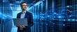 © Zaleman - Chief technology officer holding a laptop in a data center while digital lines stream through servers, highlighting server performance, secure infrastructure, and reliable digital operations