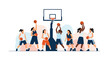 © Sohid - A diverse group of female athletes practicing basketball together around the hoop, showcasing teamwork and women in sports. Vector illustration, flat design style.