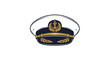 © Emma - Traditional navy blue and white maritime captain hat featuring an anchor emblem and golden laurel leaves is isolated on a plain white backdrop.