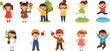 © Maslima - Cute children character set featuring happy boys and girls playing with nature jumping and holding apples for school education vector illustration.