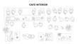 © feipco - Top view architectural drawing of cafe interior with barista, customers and seating layout, floor plan style with furniture and people in clean minimal line illustration
