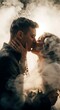 © David - Couple embraces, sharing an intimate kiss enveloped in ethereal smoke and golden light