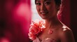 © Ryzhkov - Portrait of a smiling young woman wearing a pink lace dress and floral detail in a warm indoor setting for bridal beauty, wedding fashion and skin care advertising