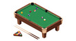 © Idhika - Professional pool table featuring billiard balls in various colors and two wooden cues on a white background.