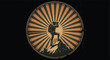 © hai - Explorer silhouette on mountain peak with binoculars and sunburst design