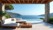 © Pete - Luxury villa patio with infinity pool overlooks blue ocean sea. Modern white sofa and wood table offer relaxing outdoor lounge area with mountain backdrop.