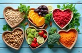 Variety of fresh fruits vegetables nuts and grains arranged in heart shapes. Healthy eating for wellbeing and good nutrition. Assorted food items for balanced diet.
