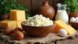 © Pete - Farm fresh dairy products including cheese, cottage cheese, milk, eggs arranged on rustic wooden table. Ingredients for healthy breakfast cooking presented in natural setting with earthenware pots,