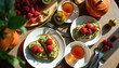 © Pete - Healthy vegan breakfast with avocado toast, fresh raspberries, kiwi slices, and herbal tea. Nourishing meal served on table, natural morning light.