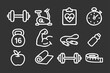 © DzgnVibe - A collection of white line art icons representing fitness and health elements on a dark background, ideal for lifestyle or wellness content