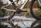 Bicycle wheels splashing through a muddy puddle in close-up action shot