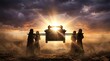 © Pixels Stock - Ancient ark of covenant carried by men in robes across desert landscape with bright sunbeams and rainbow against dramatic cloudy sky symbolizing religious journey and divine presence in ancient times.