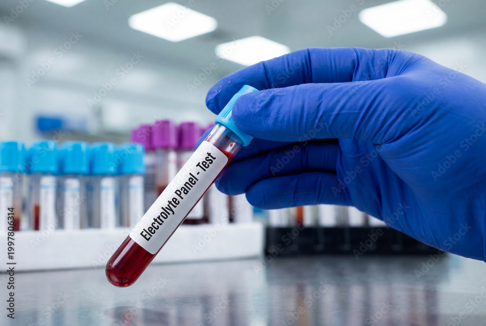 Scientist holds a blood sample for an electrolyte panel test in a ...