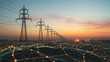 © Muhammad - High voltage electricity pylons at sunset with a digital network surface, representing energy infrastructure and power grid connections