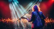 © irawan710 - Guitarist performing on stage with bright spotlights and cheering crowd.