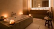 © For Stock - Luxurious bathroom with a freestanding bathtub surrounded by warm, glowing candles and soft ambient lighting, creating a serene spa atmosphere