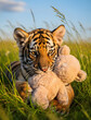 © Muhammad Mualim S - AI generated realistic photo of a cute tiger cub lying in a green meadow hugging a plush toy during golden hour with a bright sky.