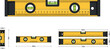 © MdAbdul - Spirit level tool vector set featuring measuring ruler with bubble indicators and dimensions isolated on light background for construction design