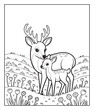 © Vect Village - Forest animal coloring page for kids and adults of two cute deer standing in natural field black outline vector illustration