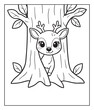 © Vect Village - Forest animal coloring page for kids and adults of a cute deer coming behind from a tree black outline vector illustration