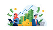 © Desmond - Diverse business professionals analyzing financial growth and profit represented by stacks of money and a rising blue graph.
