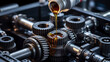 © SM - Industrial gear lubrication process using golden oil poured into metal machinery closeup mechanical assembly maintenance engineering repair heavy duty hardware equipment performance.
