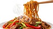 © Mirfan - Steaming beef and vegetable stir-fry is lifted from a white plate with chopsticks, revealing tender strips of beef, colorful bell peppers, and vibrant green onions amidst a bed of savory noodles.