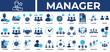 © kim hana - Manager icon set collection. Containing commitment, organization, partner, sales, speak, inspection, communicate .Solid vector icons collection