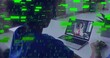 © vectorfusionart - Watching woman in blue top checking laptop at home office, speaker in blazer, green binary overlay
