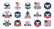 © Tarek - Extensive set of Labor Day badges and emblems featuring the American flag, muscular arms, and patriotic red white and blue colors.