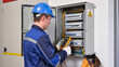 © Jakub - electrician at work,Technician inspects industrial electrical panel.Maintenance worker in blue uniform.Professional repair of circuit breakers.Skillful adjustment of electrical components,