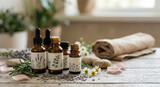 Essential oil bottles with natural herbs as a concept of aromatherapy, herbal medicine, and natural care.