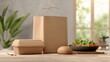 © moulayelmustapha - take out food, brown paper bag, disposable container, salad bowl, bun on wooden table