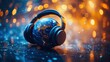 © Streamline Design - 3d planet earth with wireless headphones in futuristic neon light bokeh background