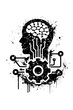 © Sumaira - Black and white illustration of a human head with a brain made of circuits and a gear, representing artificial intelligence and technology.