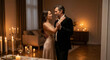 © Максим Новосветлов - Elegant couple dancing together in candlelit luxury living room with beige furniture, wine glasses, candelabras and romantic warm lighting ambiance.