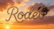 © Florence - Rodeo lettering, made of rope, with realistic 3d effect, vector illustration, colorful orange sunset sky background, western style typography, cowboy theme.