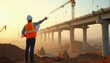 © miss irine - Woman engineer points at bridge construction site. She holds plans near heavy machinery. Team works on highway project at sunset. Infrastructure development.