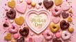 © zephyr - Heart shaped cookies and donuts decorated for Mother's Day celebration with elegant calligraphy in a pink frame background
