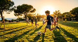 Group of diverse children running and playing soccer in a sunny park at sunset