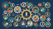© Dharma - Flat vector illustration of diverse professionals working inside interlocking gears connected by motion arrows, representing corporate management efficiency and illustrating business synergy