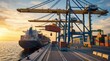 © Jieun - Massive container ship docked at industrial port with gantry cranes loading cargo containers for global logistics and international trade transport operations during golden sunset