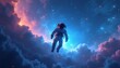 © Vadym - Astronaut floats in colorful cosmic nebula, surrounded by stars and clouds. Space explorer drifts through vibrant pink and blue universe, vast expanse exploration.