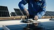 © James - Technician installing solar panel equipment on rooftop, renewable energy system maintenance, sustainable power generation, green technology infrastructure, manual labor work.