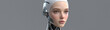 © Galeno - photograph futuristic anthropomorphic robot caucasian female face set neutral grey background soft
