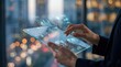 © Wei - Businessman holding transparent tablet with holographic charts, financial analysis, corporate strategy, future technology interface, city skyline background, professional
