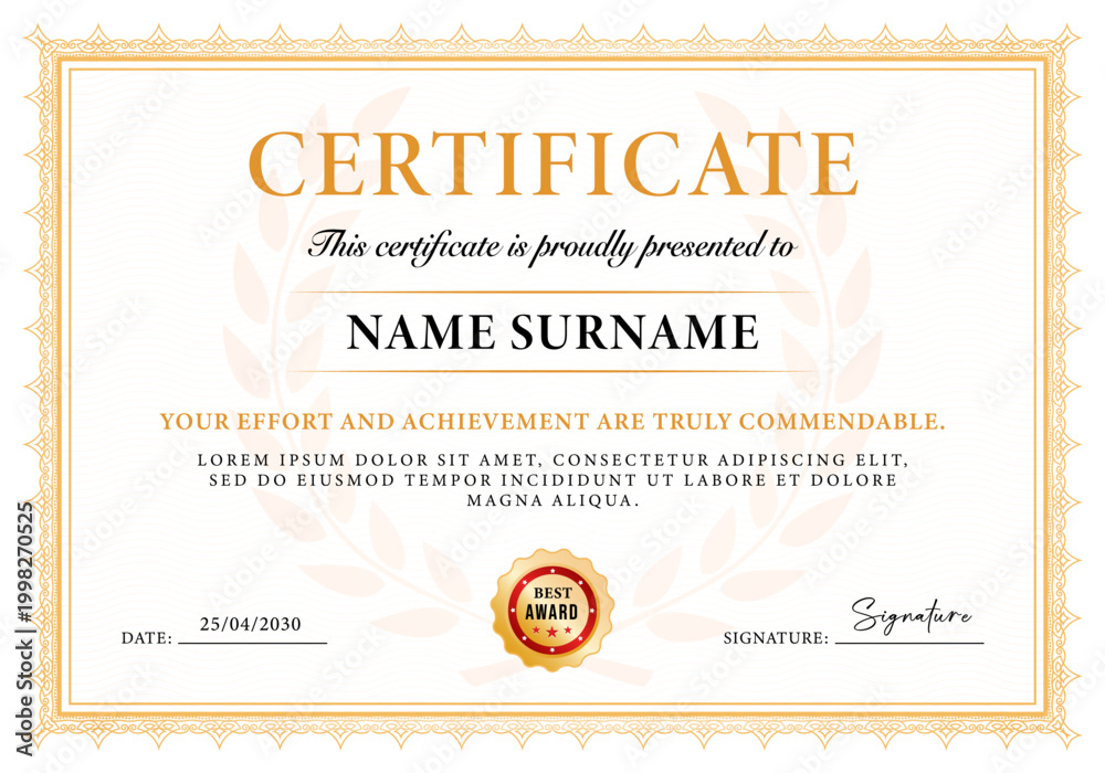 Elegant Gold Certificate Template with Luxury Border and Award Badge ...
