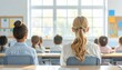 © 피자탕수육 김치 - Two students sitting at desk in bright classroom seen from behind