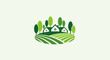© Fajar - Green village illustration with houses on rolling hills and trees. Idyllic eco-friendly community and sustainable living concept.